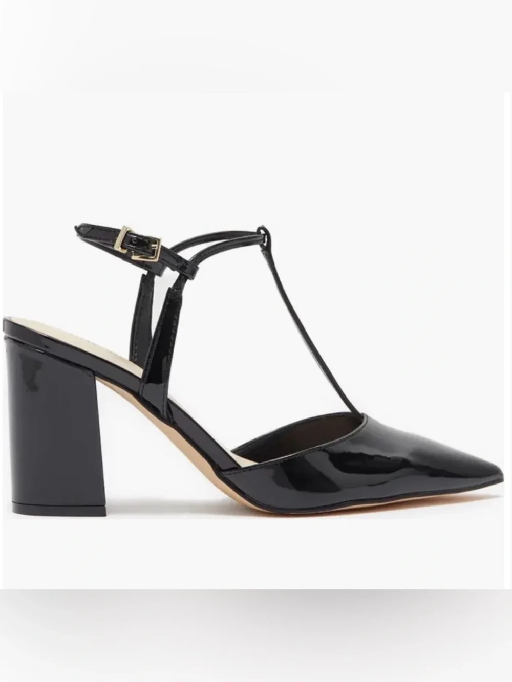 Nine West Black Patent Pointed T-Strap Pumps - Picture 1 of 10